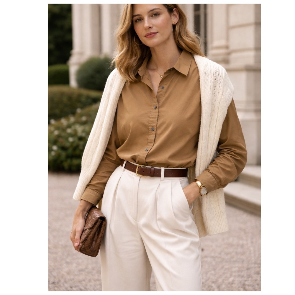 Everlane 100% cotton relaxed button up shirt top Size 6 camel tan old money‎